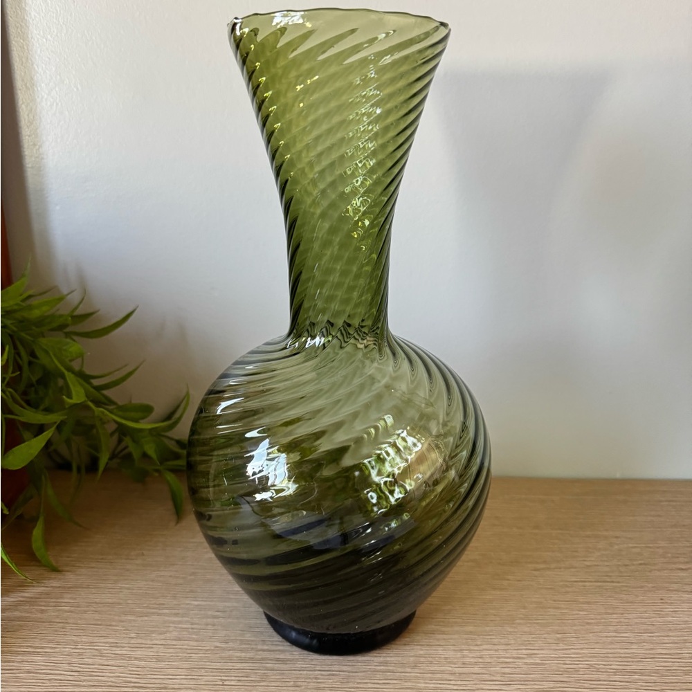 Olive Green Swirled Glass Vase